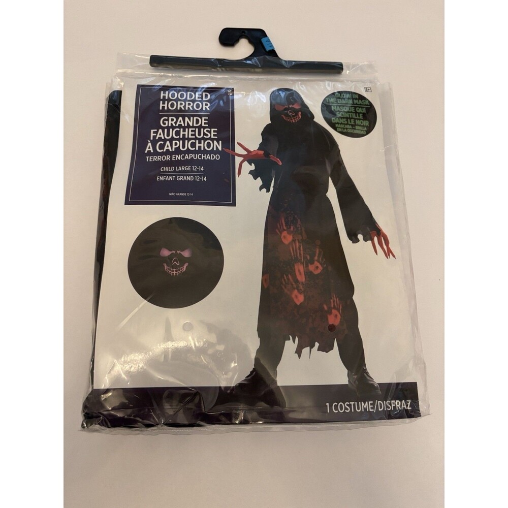 Hooded Horror Grim Reaper Halloween Costume Child L 12-14 Glow in the Dark Mask